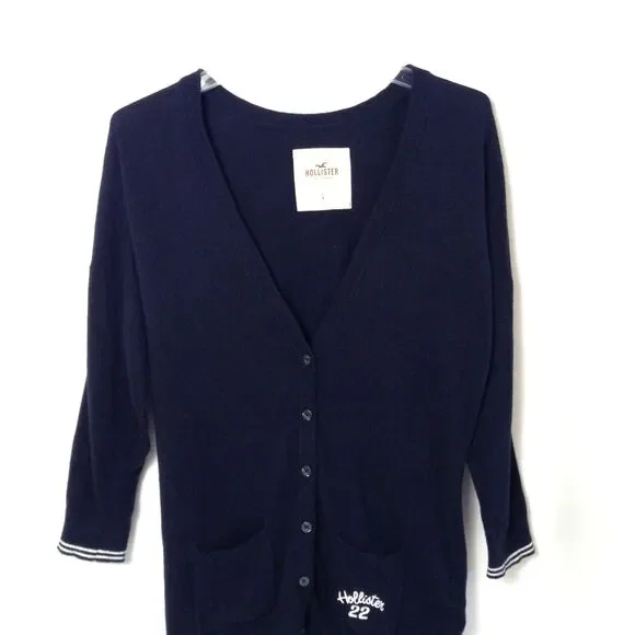Vtg Hollister Cardigan Sweater Women L Black V-neck Y2K Preppy Elana Bella Logo - Picture 3 of 10